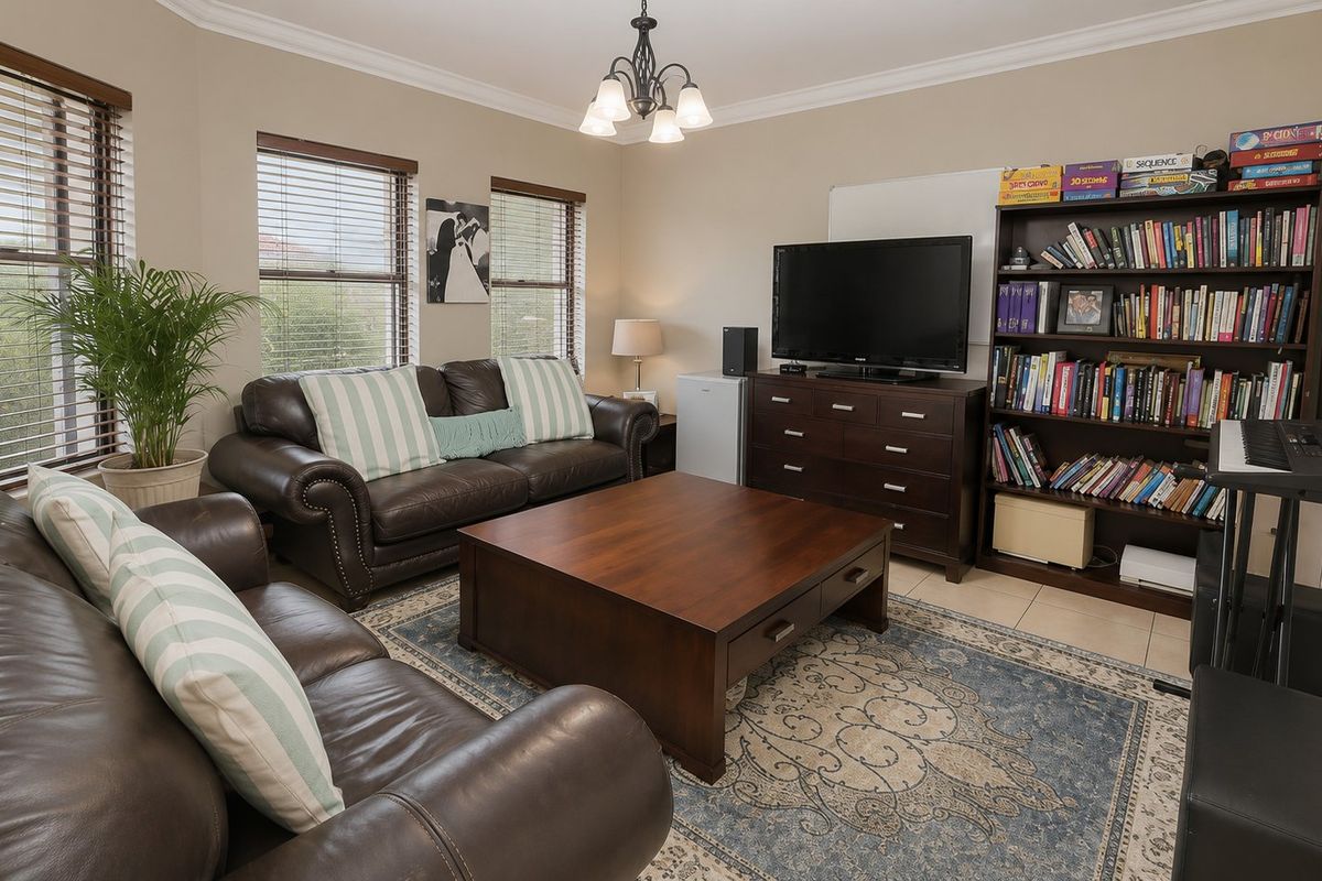 A comfortable living room featuring tiled flooring, crown molding, and large windows with venetian blinds, providing a bright and functional space.