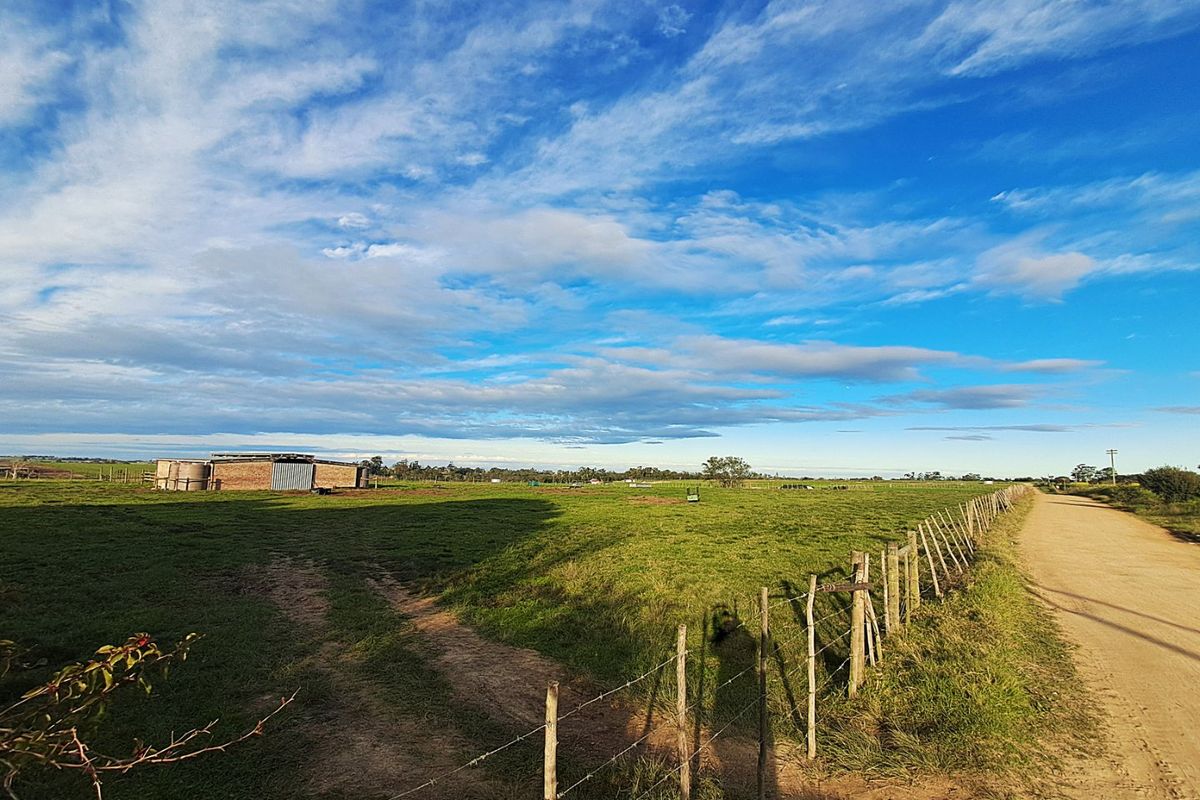 Expansive rural landscape view featuring a dirt access road, perimeter fencing, and agricultural outbuildings under a clear blue sky.