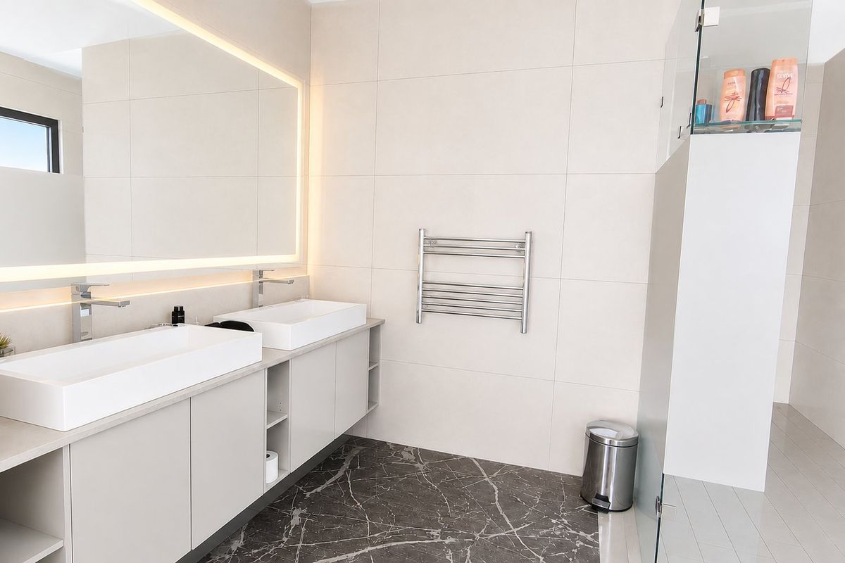 Modern bathroom featuring a double vanity with vessel sinks, a large backlit mirror, a heated towel rail, and a spacious walk-in shower.