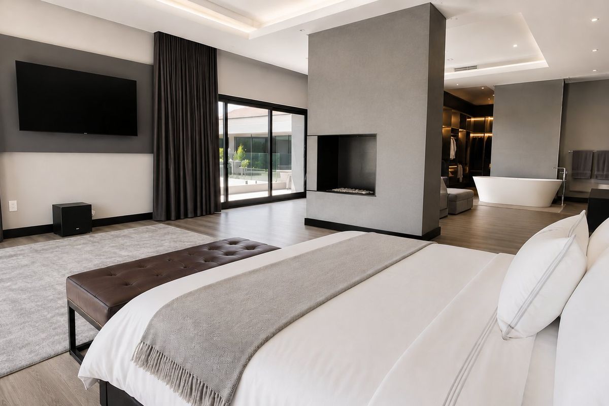 Spacious modern master bedroom featuring a central fireplace, integrated walk-in closet, freestanding bathtub, and large sliding doors opening to the exterior.
