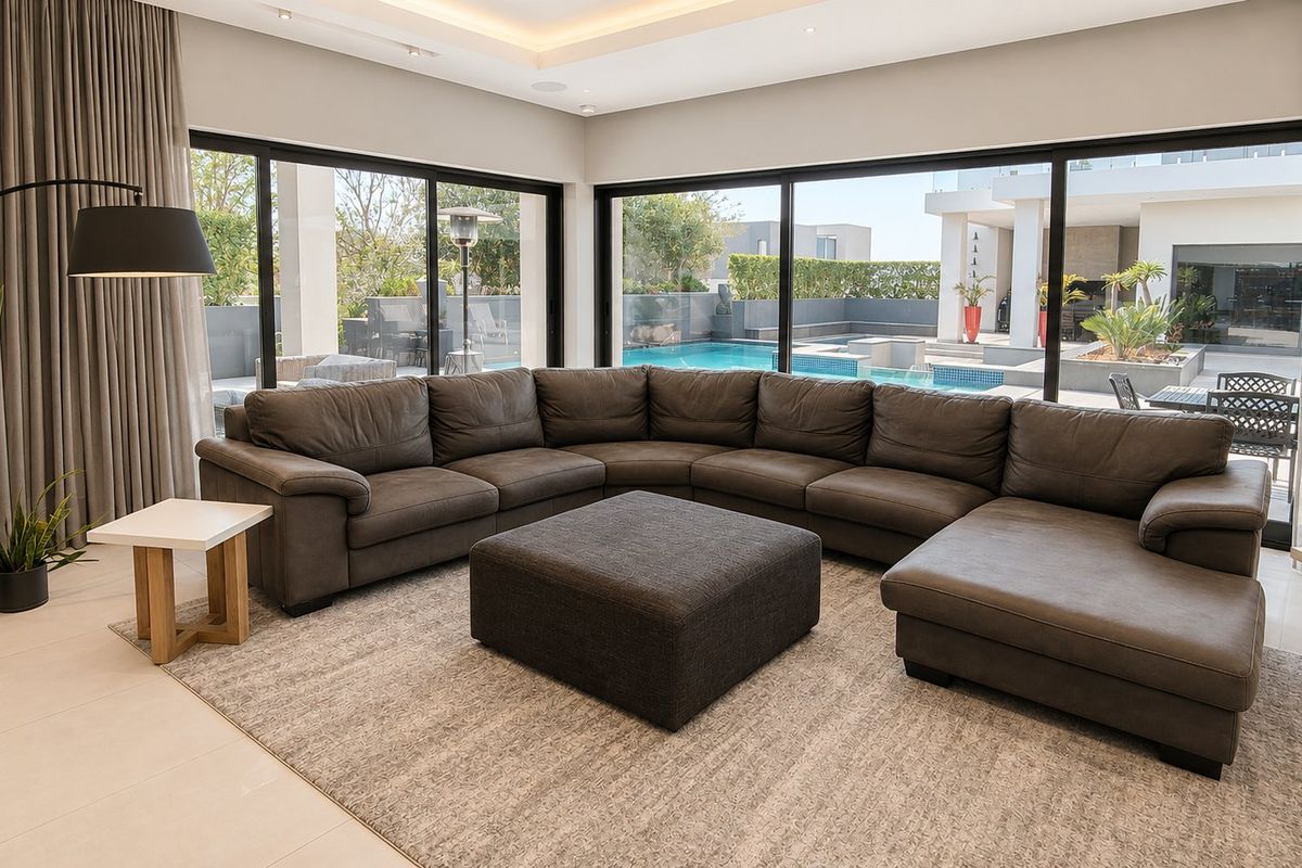Spacious modern living room featuring large sliding glass doors that provide seamless indoor-outdoor flow to the pool area and patio.