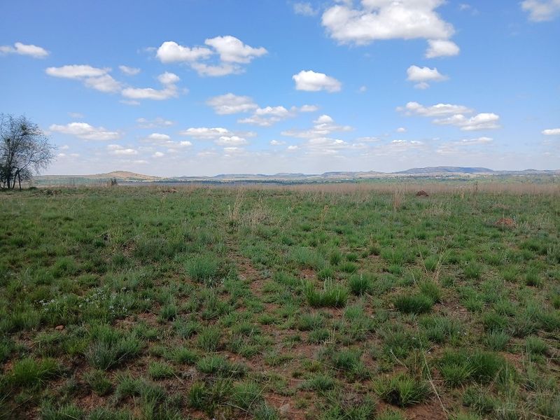 A wide-angle view of an expansive, undeveloped residential plot featuring natural grassland and scenic distant mountain views under a clear blue sky.