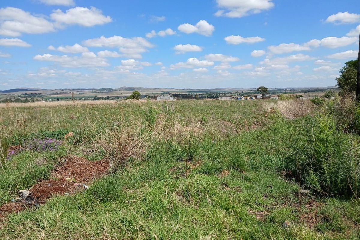 A wide-angle view of an expansive, undeveloped residential plot featuring natural grass and vegetation with distant landscape views.