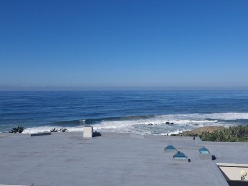 An elevated view overlooking the ocean, featuring a flat roof with multiple skylights.