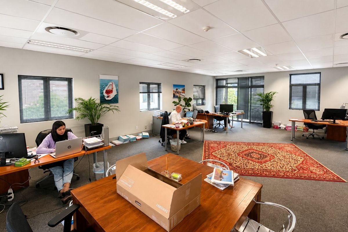 Spacious open-plan commercial office featuring suspended ceilings, recessed lighting, and large windows with venetian blinds, providing a functional professional workspace.