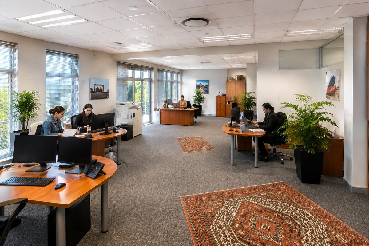 Spacious open-plan commercial office featuring large windows, suspended ceilings with recessed lighting, and extensive built-in storage cabinetry.