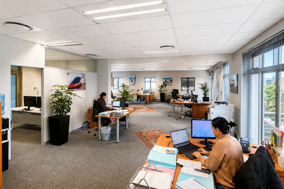 A spacious, open-plan commercial office featuring large windows with venetian blinds, suspended ceilings with recessed lighting, and carpeted flooring.