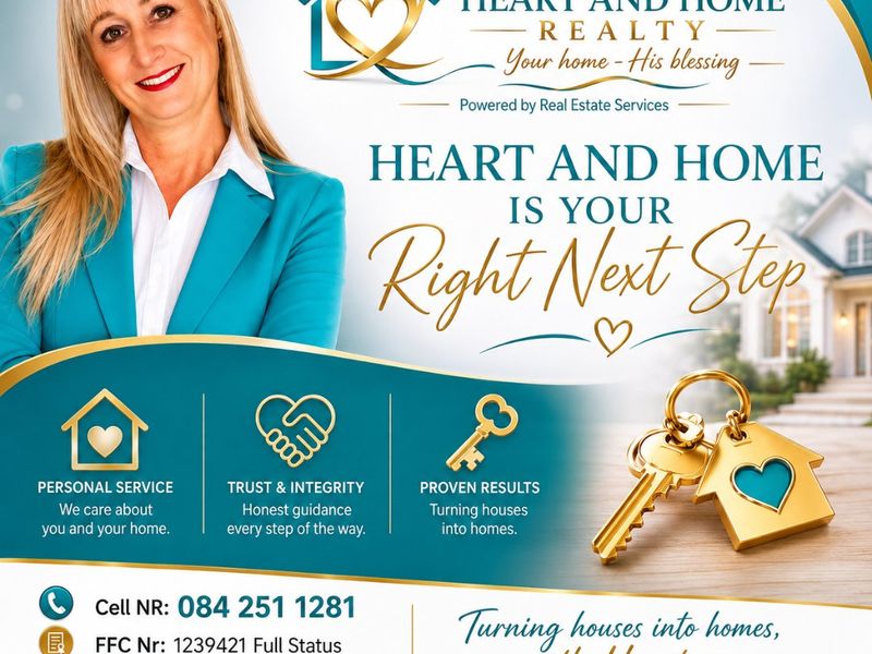 A promotional marketing graphic for a real estate agency featuring contact information and branding.