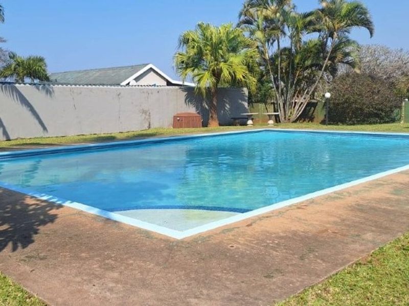 A communal swimming pool area featuring a paved surround, perimeter walling, and established garden landscaping.