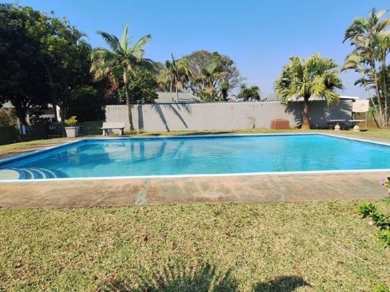 Outdoor swimming pool area featuring a concrete surround and established garden perimeter, providing a private recreational space.