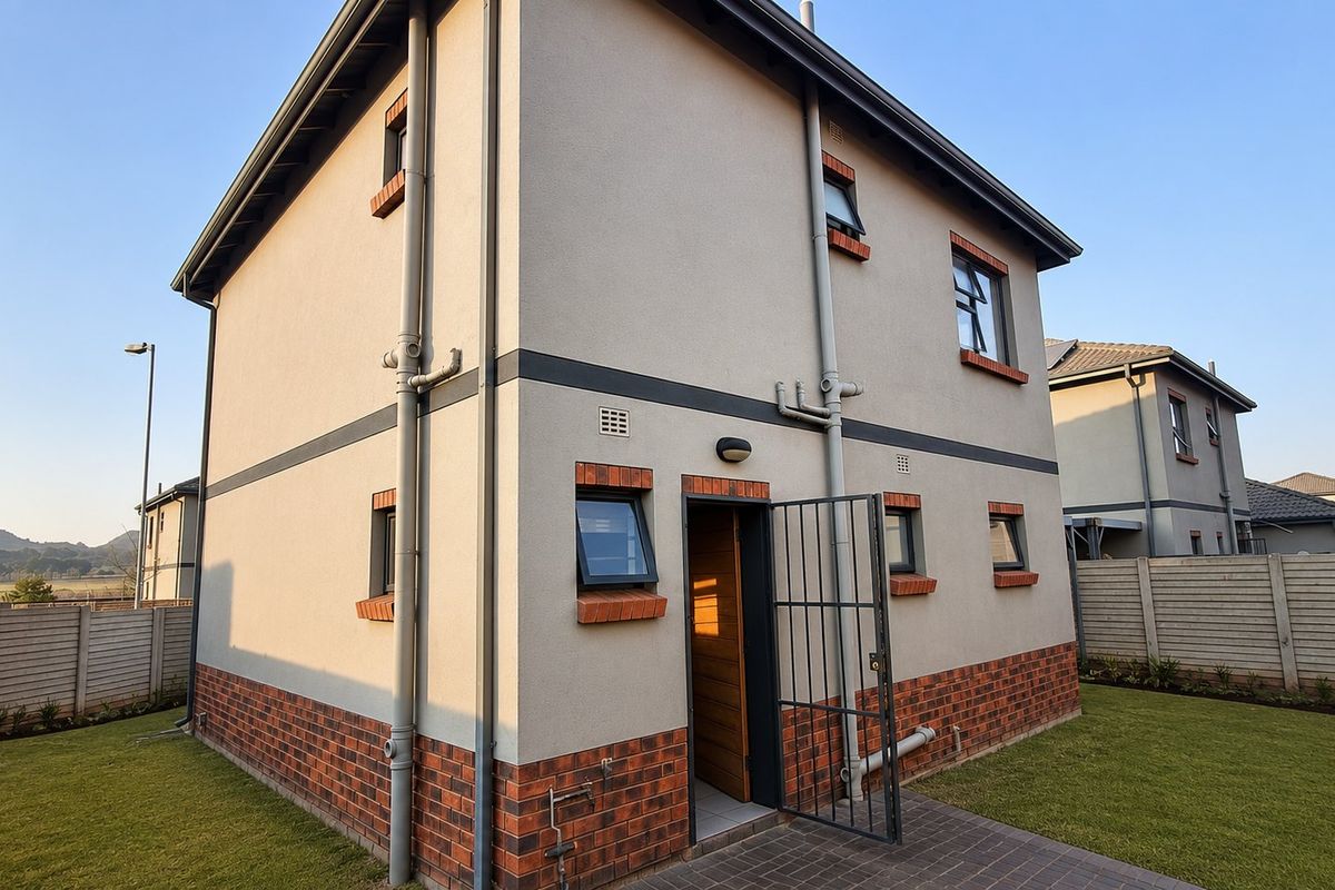 Rear view of a two-story residential property featuring a brick and plaster facade, security gate, and a well-maintained lawn with perimeter boundary walling.