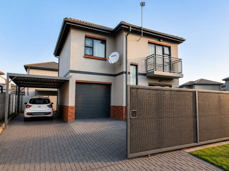 Front elevation of a modern two-story house featuring a paved driveway, carport, integrated garage, and an upper-level balcony with metal railings.