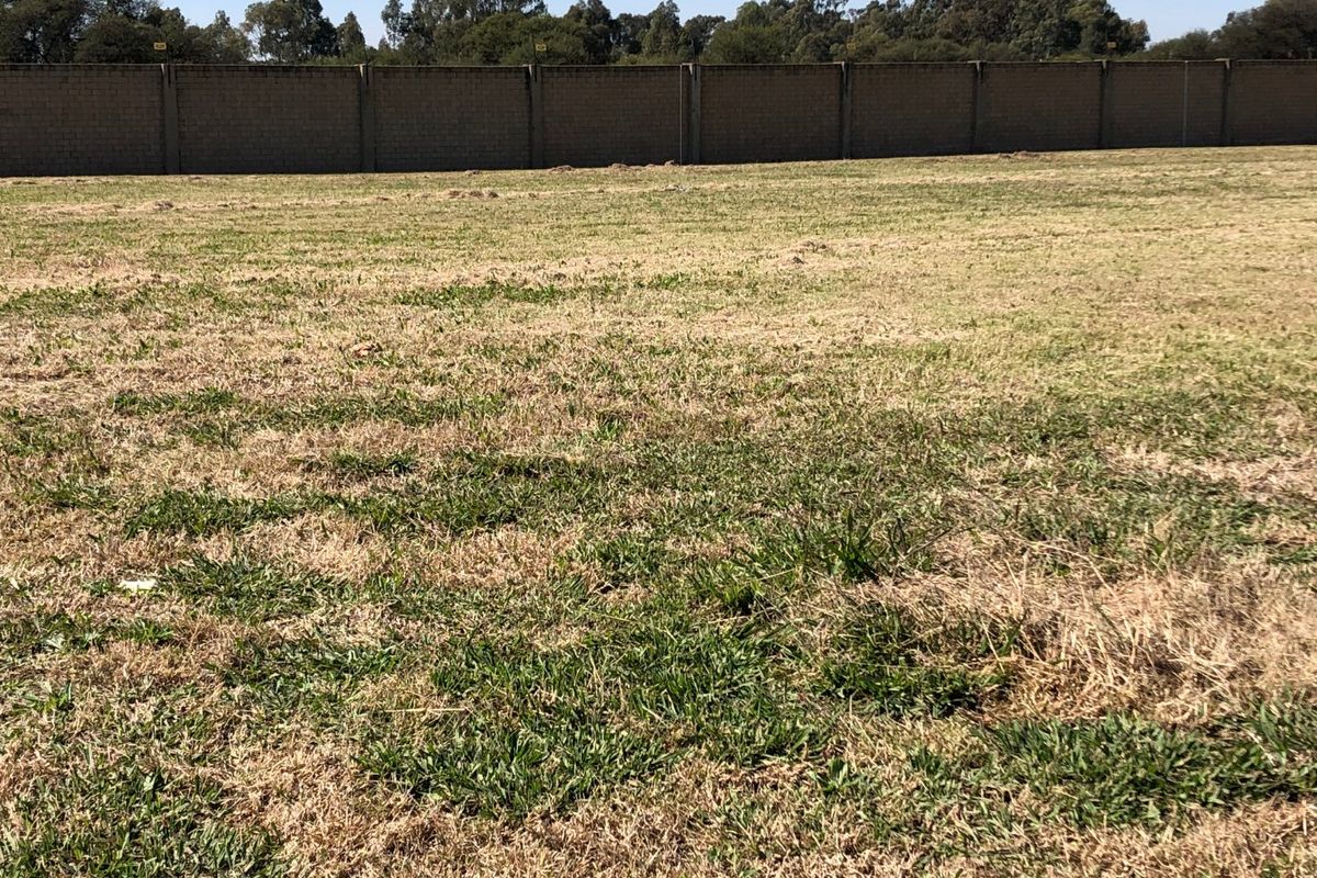 A view of a vacant residential plot featuring a level grass surface and a solid perimeter boundary wall.