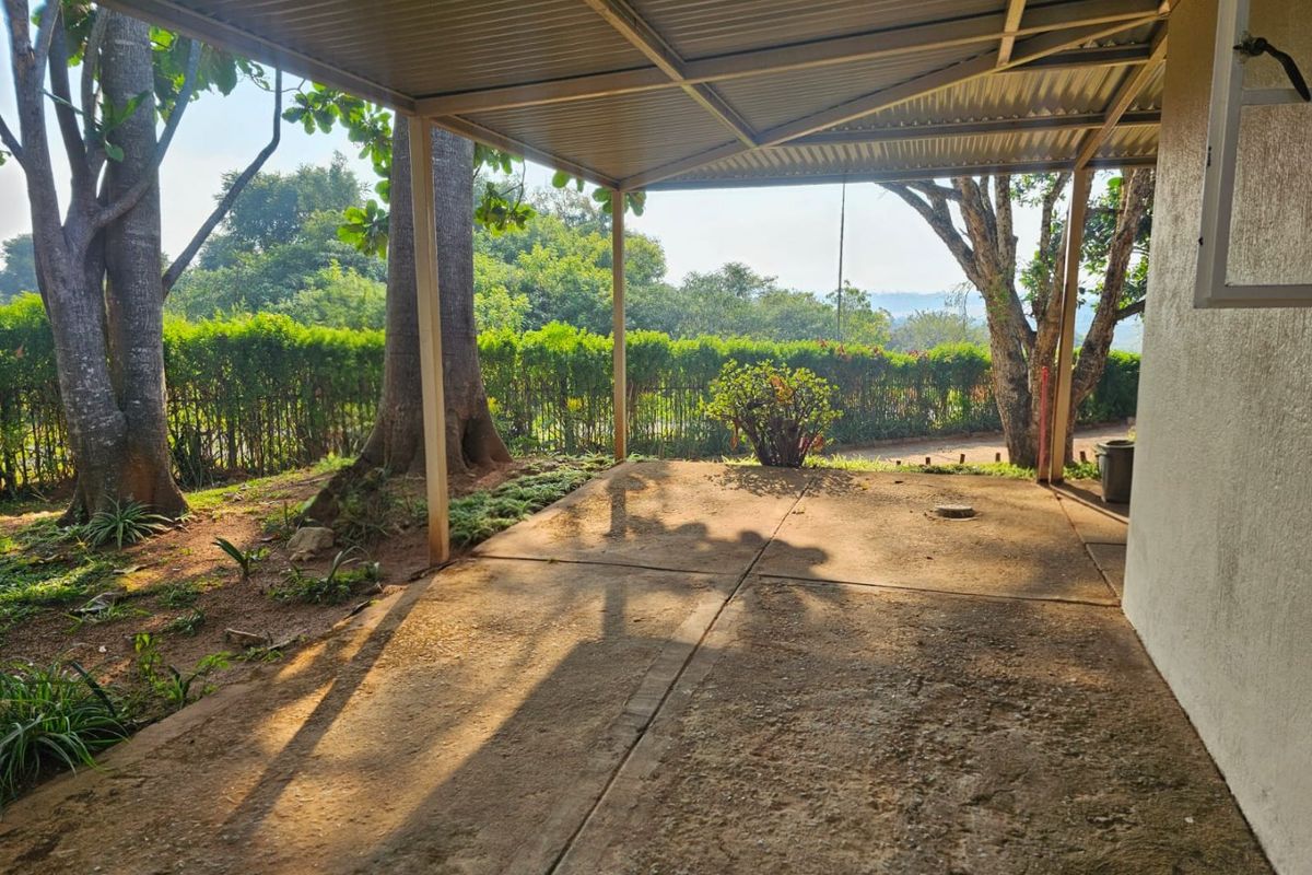 A covered outdoor patio area featuring a concrete slab floor and metal roofing, overlooking a landscaped garden and mature trees.