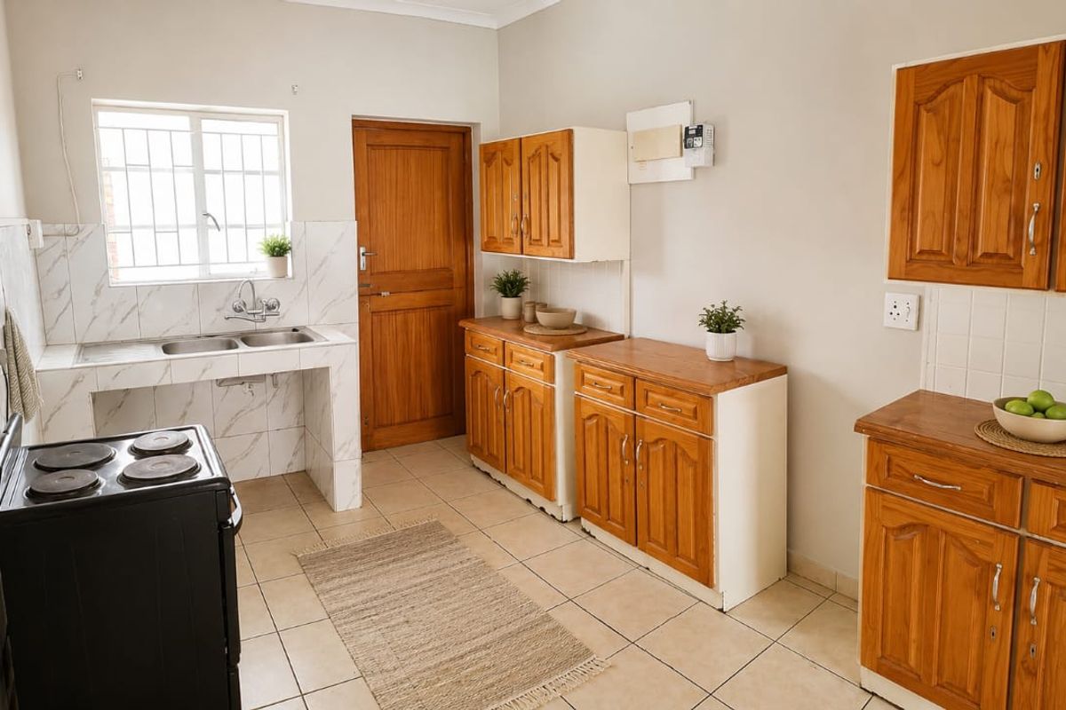 A functional kitchen featuring wooden cabinetry, tiled splashbacks, a double basin sink, and tiled flooring, offering a clean and practical workspace.