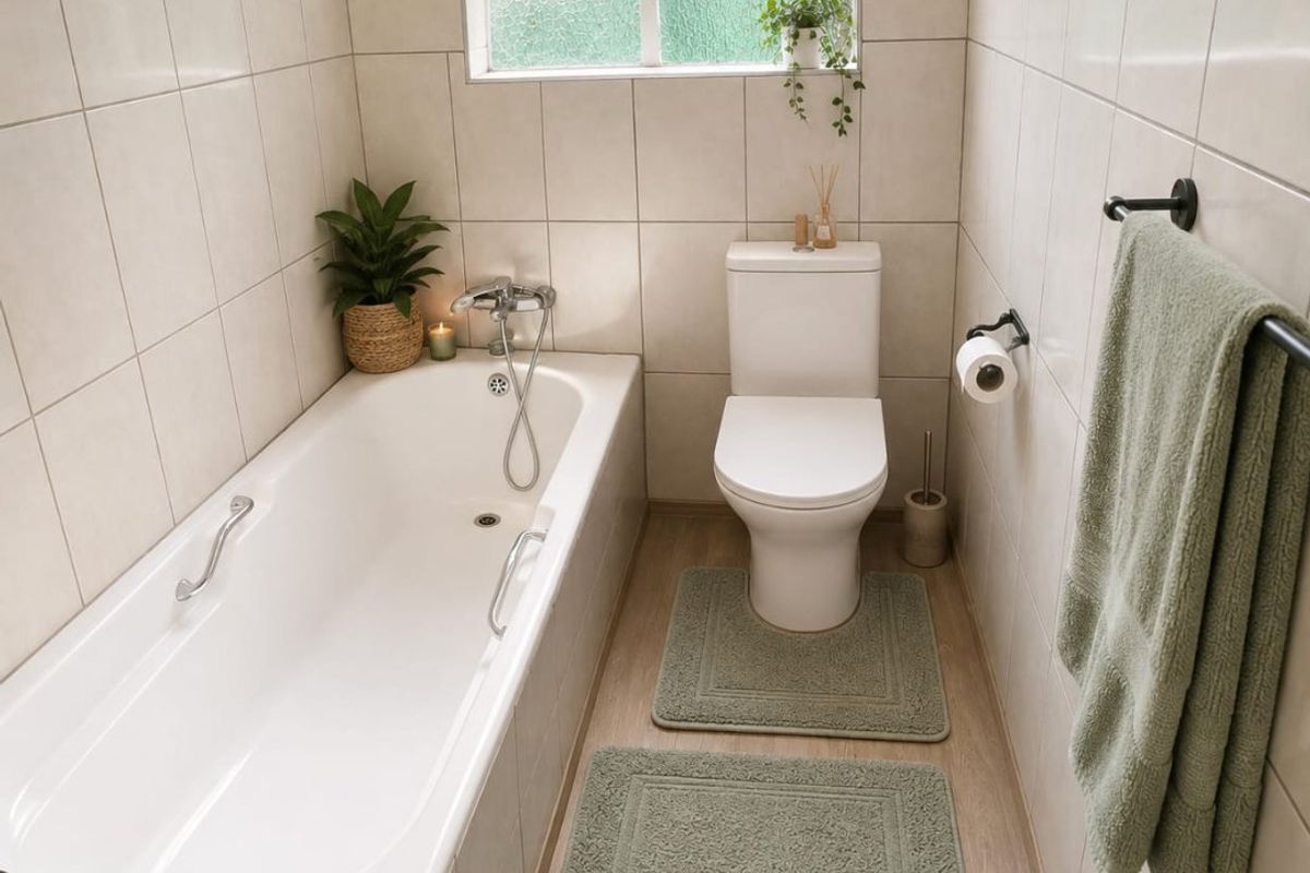 A clean and functional bathroom featuring a white bathtub, toilet, and neutral wall tiling with an obscured glass window for natural light.