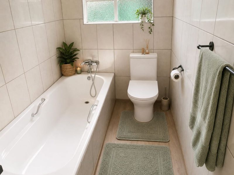 A clean and functional bathroom featuring a white bathtub, toilet, and neutral wall tiling with an obscured glass window for natural light.