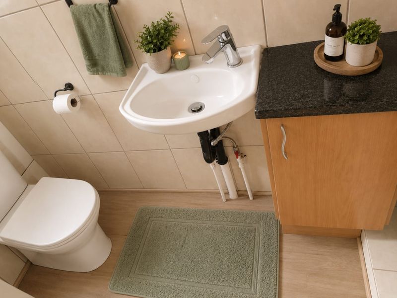 A compact bathroom featuring a wall-mounted basin, vanity cabinet with granite countertop, and a standard toilet with neutral wall tiling.