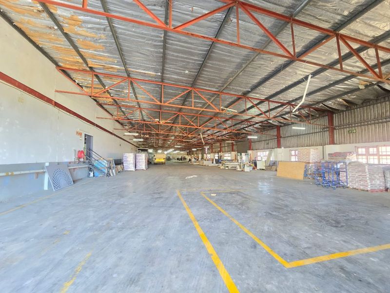 Spacious industrial warehouse featuring exposed steel roof trusses, concrete flooring, and high ceilings, suitable for various storage or manufacturing operations.