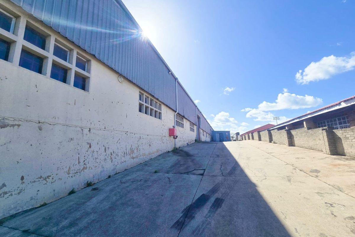 Exterior view of an industrial warehouse facility featuring corrugated metal cladding, concrete driveway, and masonry boundary walls.