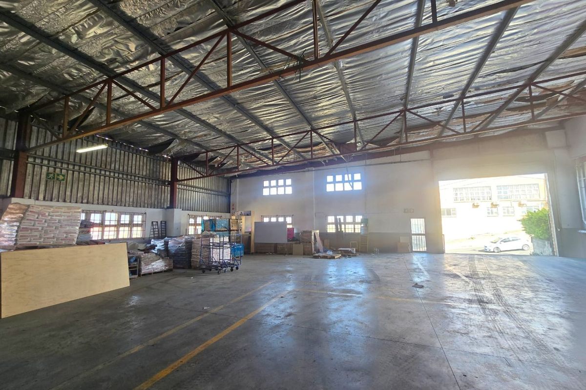 Spacious industrial warehouse featuring high ceilings with exposed steel trusses, reflective insulation, concrete flooring, and large roller shutter access.