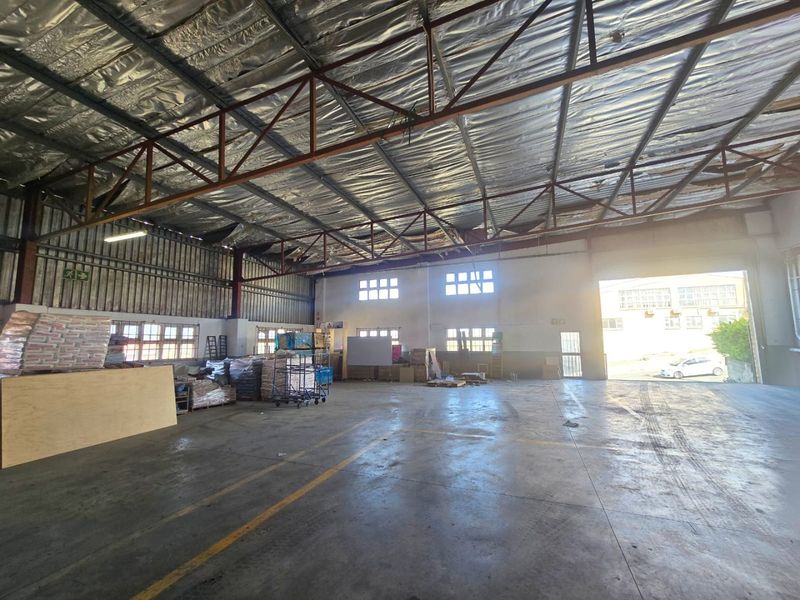 Spacious industrial warehouse featuring high ceilings with exposed steel trusses, reflective insulation, concrete flooring, and large roller shutter access.