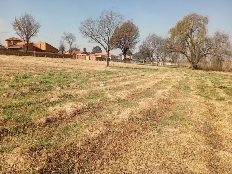 A view of a vacant residential plot featuring open grassland and mature trees, with neighboring residential properties visible in the background.
