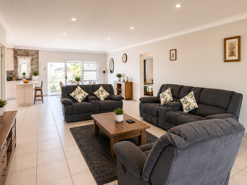 Spacious open-plan living area featuring tiled floors, recessed lighting, and a modern kitchen with a stone veneer accent wall and sliding door access.