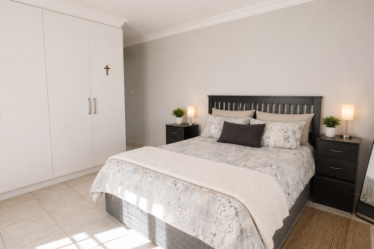 A well-maintained bedroom featuring neutral tiled flooring, built-in cupboards with modern handles, and decorative ceiling cornicing.