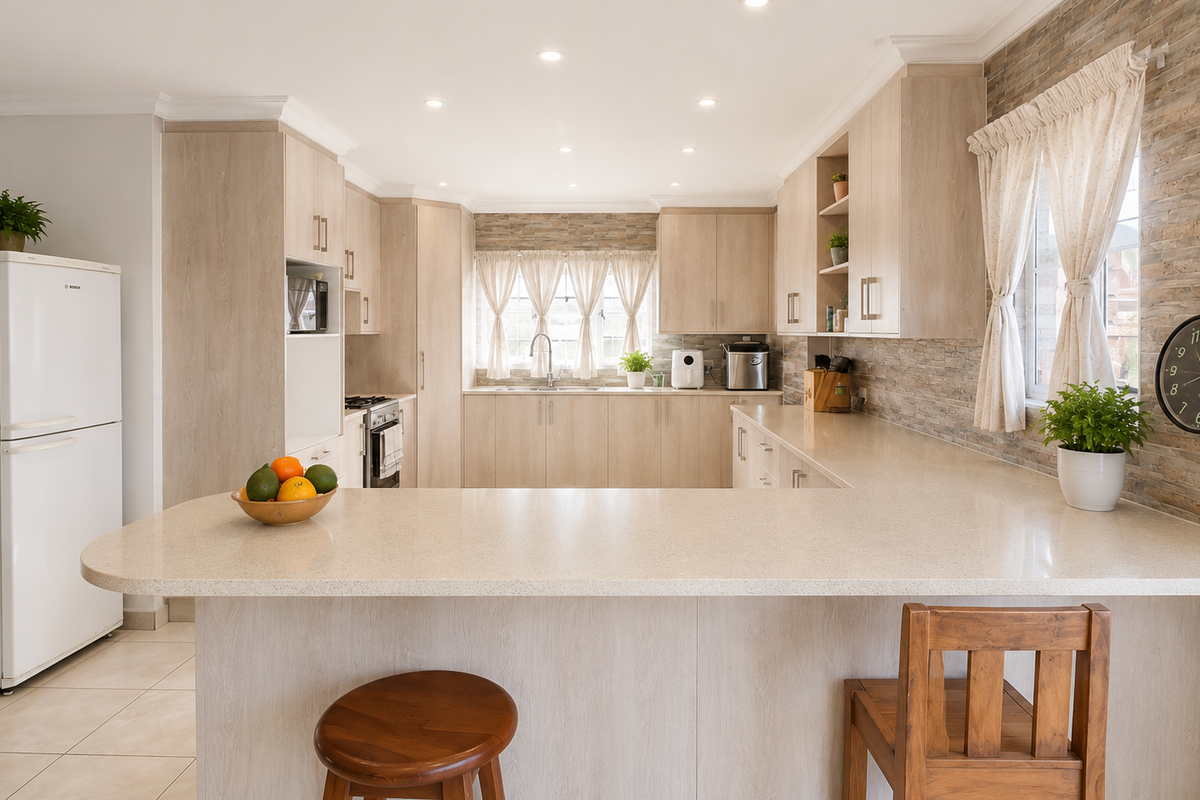 A well-maintained kitchen featuring light wood cabinetry, stone countertops, a breakfast bar, and a stone veneer backsplash with integrated appliances.