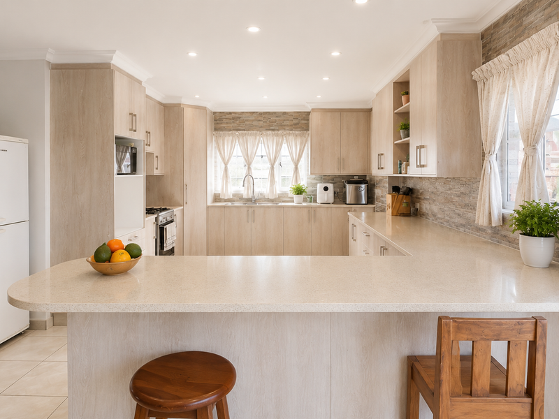 A well-maintained kitchen featuring light wood cabinetry, stone countertops, a breakfast bar, and a stone veneer backsplash with integrated appliances.