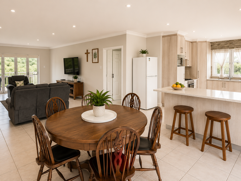 Spacious open-plan living area featuring a modern kitchen with stone countertops, island seating, and seamless flow to the outdoor patio through sliding glass doors.