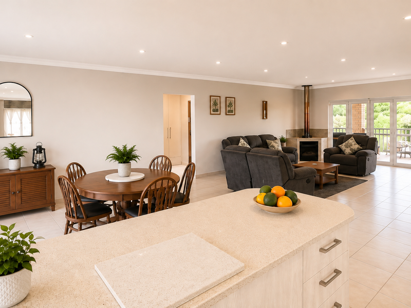 Spacious open-plan living and dining area featuring a modern kitchen island, tiled floors, recessed lighting, and a cozy fireplace with access to a balcony.