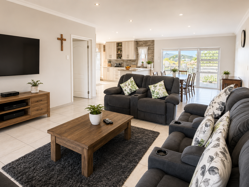 Spacious open-plan living and dining area featuring tiled floors, recessed lighting, and a modern kitchen with stone countertops and a stone feature wall.