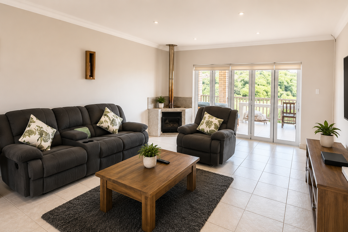 Spacious living room featuring tiled floors, a corner fireplace, and large sliding glass doors that provide natural light and access to the outdoor area.