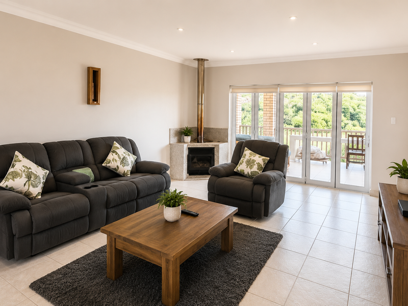 Spacious living room featuring tiled floors, a corner fireplace, and large sliding glass doors that provide natural light and access to the outdoor area.