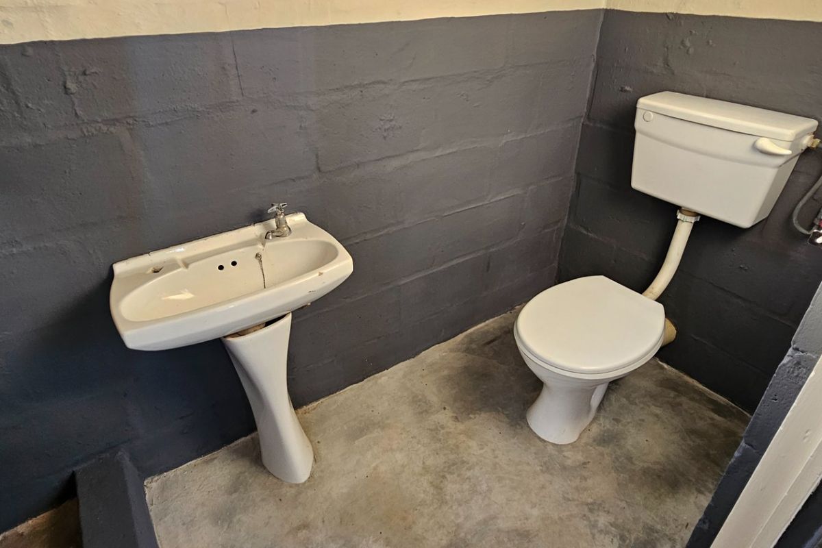 A basic, functional bathroom featuring a pedestal basin and toilet with painted blockwork walls and an exposed concrete floor.