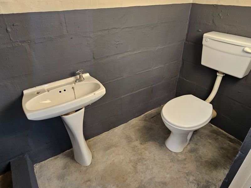 A basic, functional bathroom featuring a pedestal basin and toilet with painted blockwork walls and an exposed concrete floor.