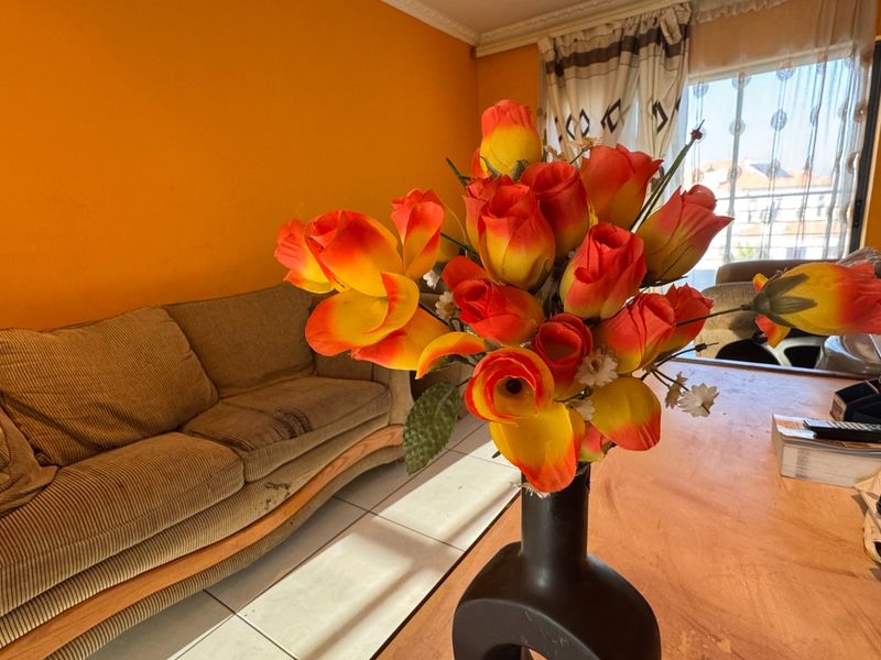 A living room area featuring tiled flooring and decorative ceiling cornicing, currently presented with bright orange wall paint.