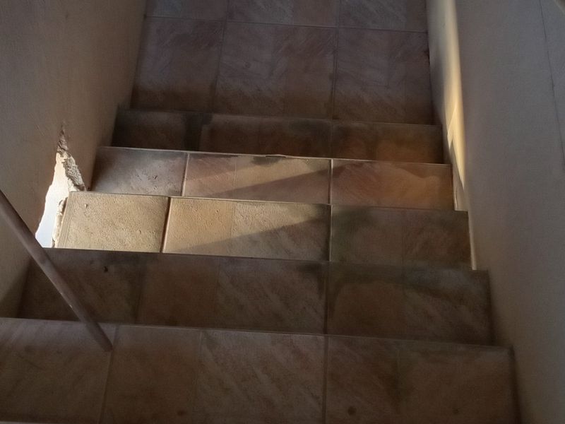 A downward view of a tiled staircase featuring handrails and a metal security gate at the base.
