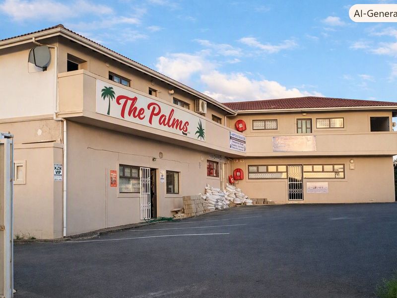 Exterior view of The Palms apartment complex featuring a paved driveway, security gates, and fire safety equipment on the building facade.