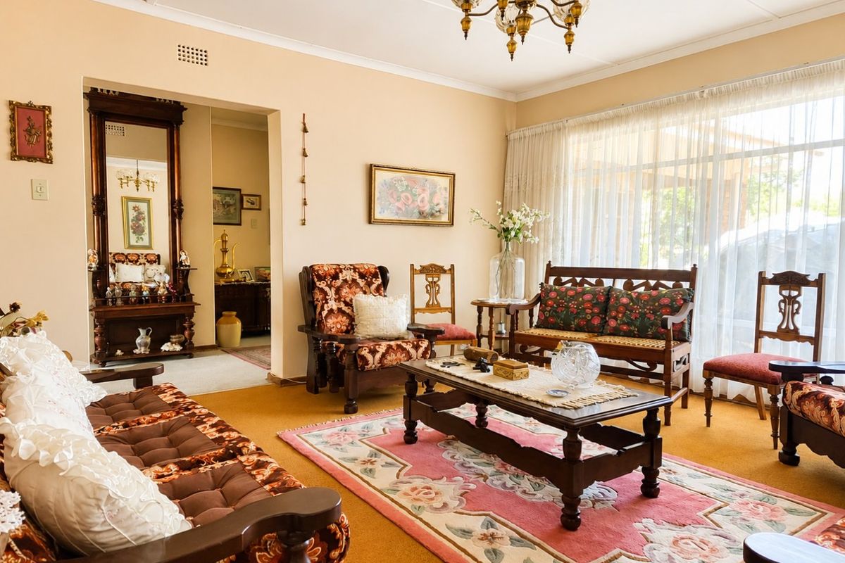 A traditional living room featuring carpeted flooring, a classic chandelier, and large windows allowing for natural light.