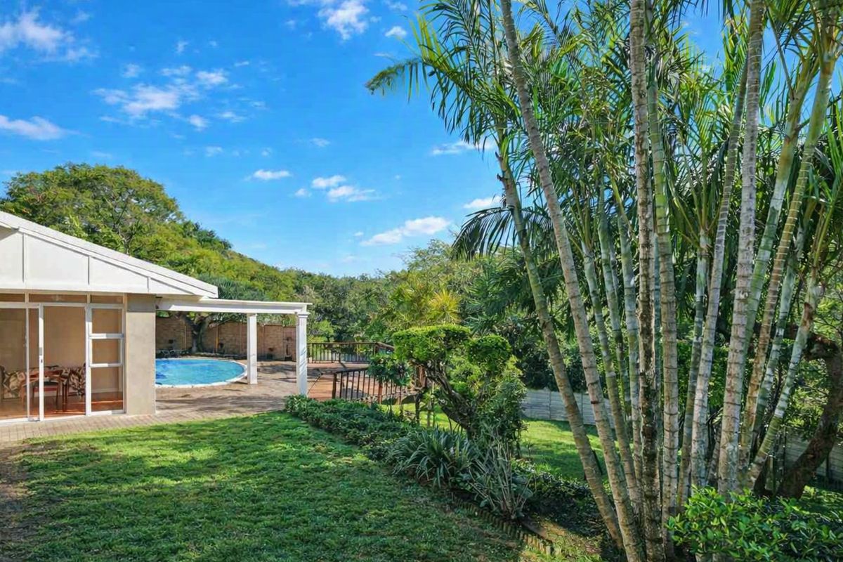 Rear exterior view featuring a swimming pool, covered patio area, and a well-maintained garden with mature palm trees.