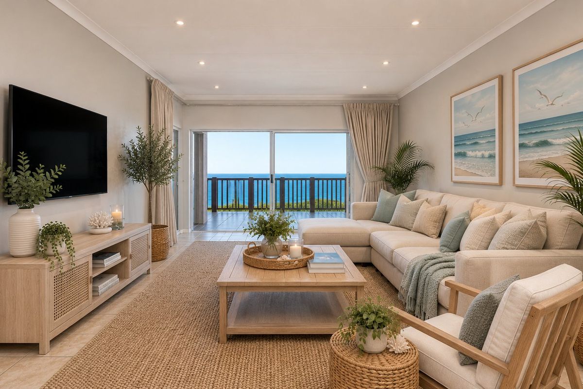 Bright and airy living room featuring tiled floors, recessed lighting, and large sliding glass doors that open onto a balcony with ocean views.