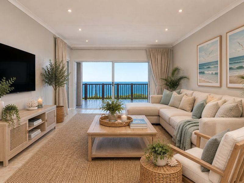 Bright and airy living room featuring tiled floors, recessed lighting, and large sliding glass doors that open onto a balcony with ocean views.