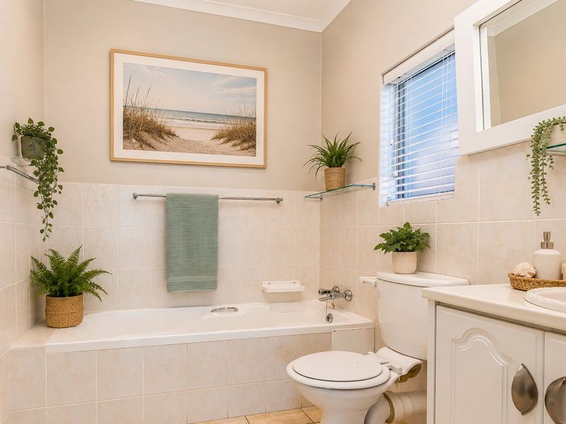 A well-maintained bathroom featuring a built-in bathtub, vanity cabinet with integrated sink, toilet, and neutral ceramic tiling throughout.
