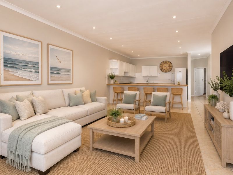 An open-plan living and kitchen area featuring tiled flooring, recessed downlighting, and a functional breakfast bar layout.
