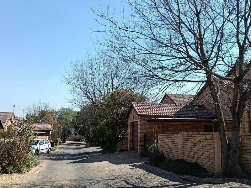 A view of the residential street featuring brick-paved driveway, face brick townhouse facades, and mature trees under a clear blue sky.