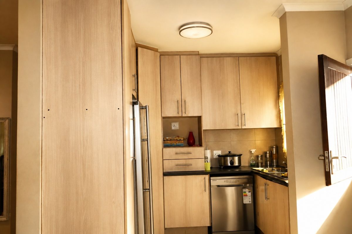 A functional kitchen featuring light wood-finish cabinetry, dark countertops, and integrated appliances, offering a clean and practical workspace.