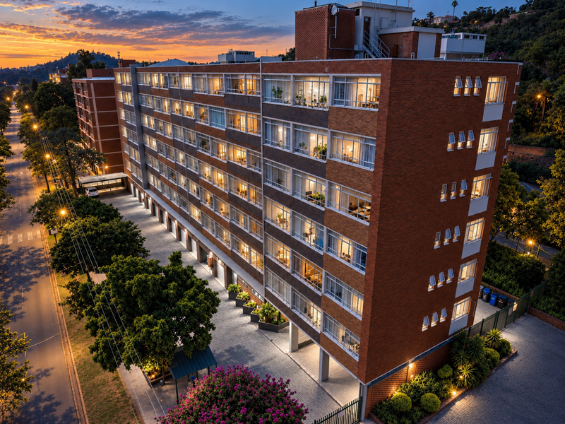 A multi-story commercial brick building at dusk, featuring large windows, paved ground-level parking, and well-maintained landscaped surroundings.